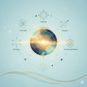 Detailed esoteric diagram showing the five core numerology numbers (Life Path, Attitude, Birthday, Destiny, Personality Power) arranged cyclically around a central gold and teal-colored cosmic core. The design uses light blue and gold brand accents to symbolize uncovering one's unique energetic blueprint and soul mission.